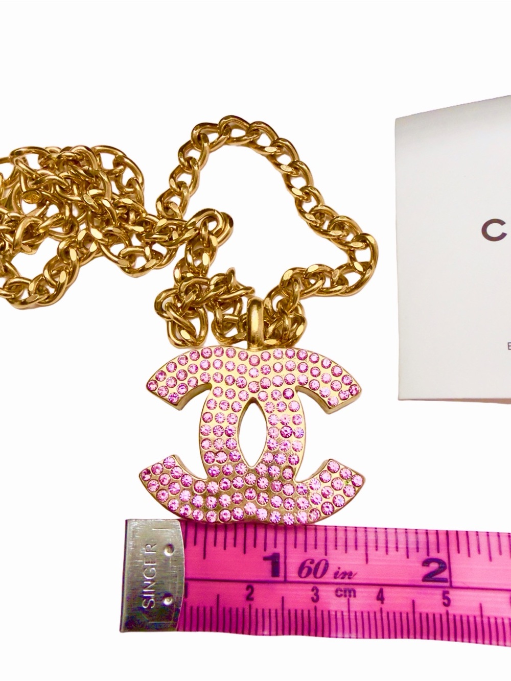 Jumbo Chanel Pink Crystal CC Logo Gold Necklace - Picture 6 of 6